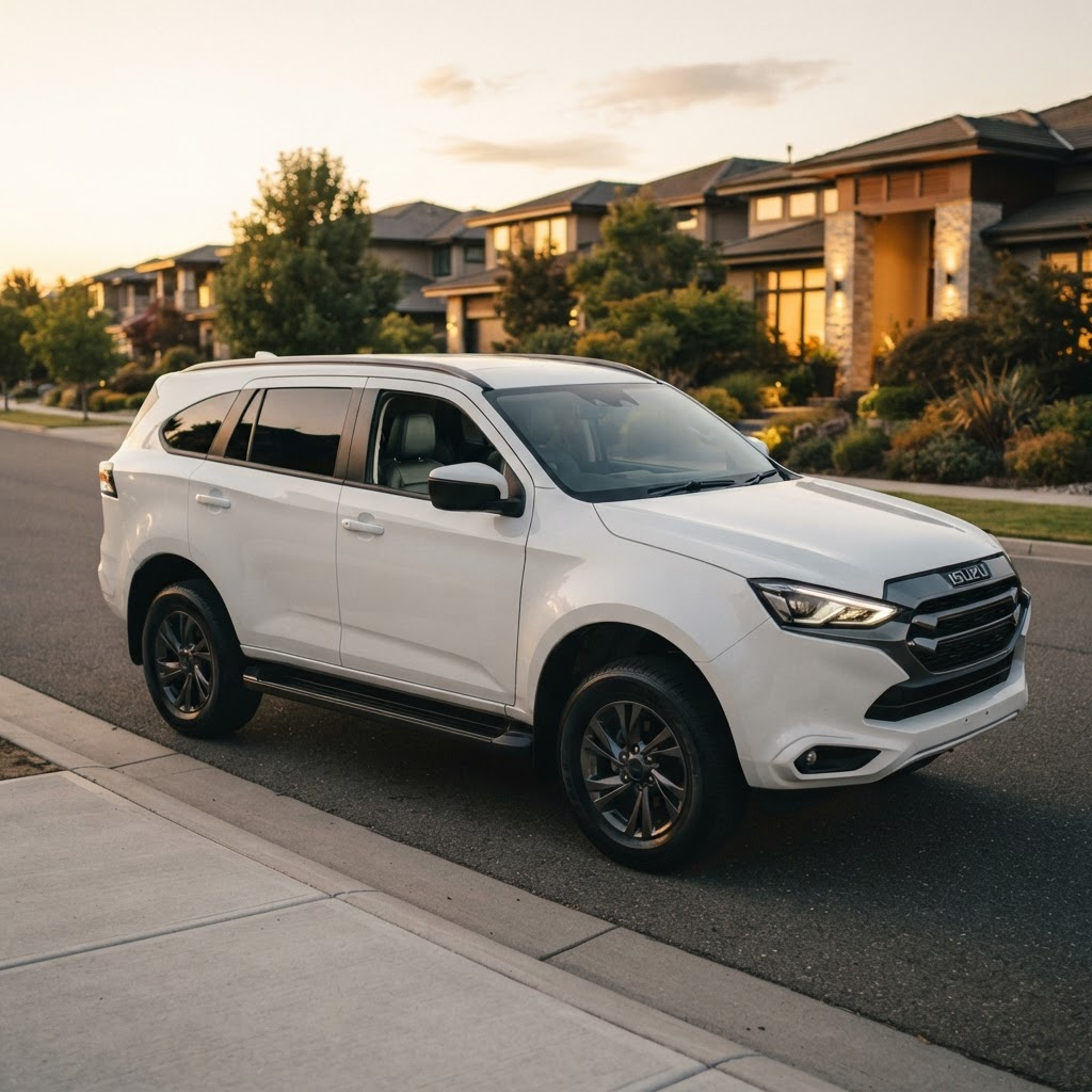 Premium white SUV with professional window tinting parked on a modern Perth street at golden hour