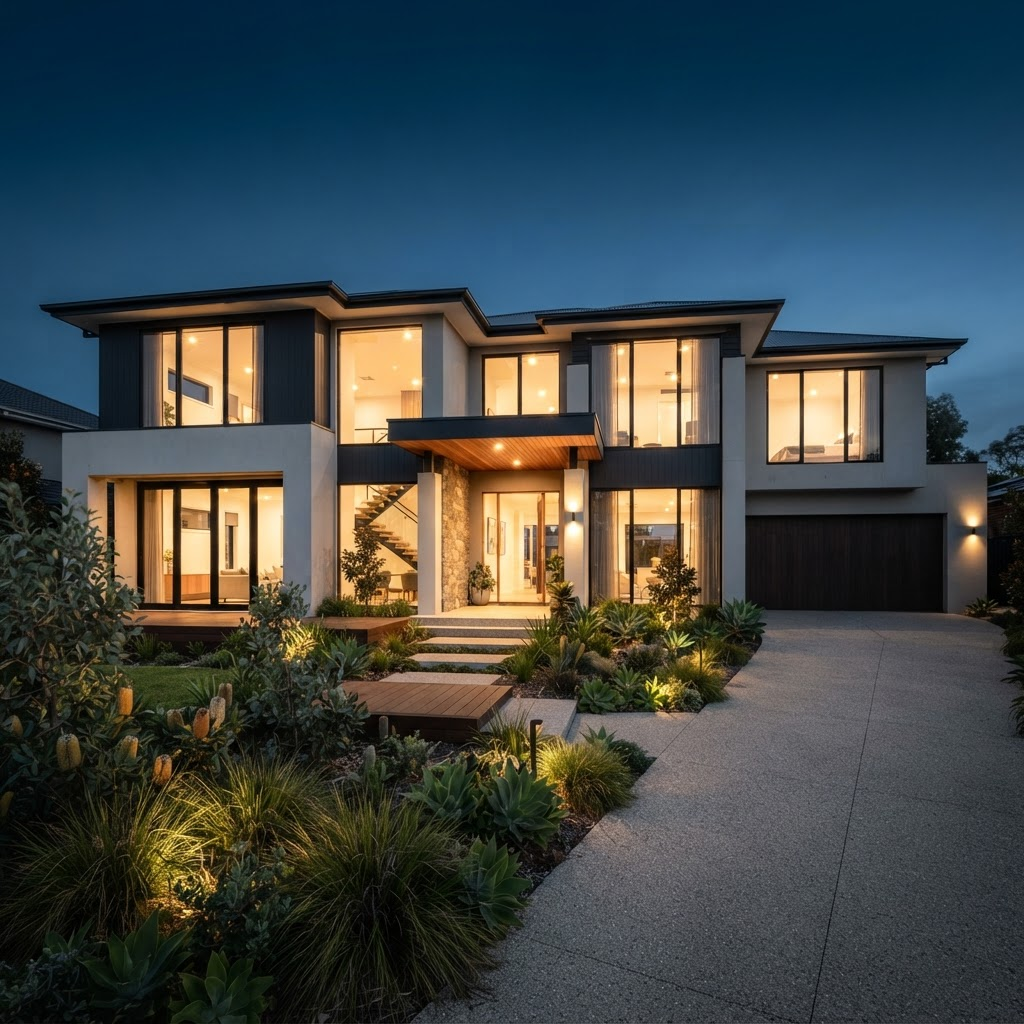 Modern luxury Australian home at dusk with large tinted windows