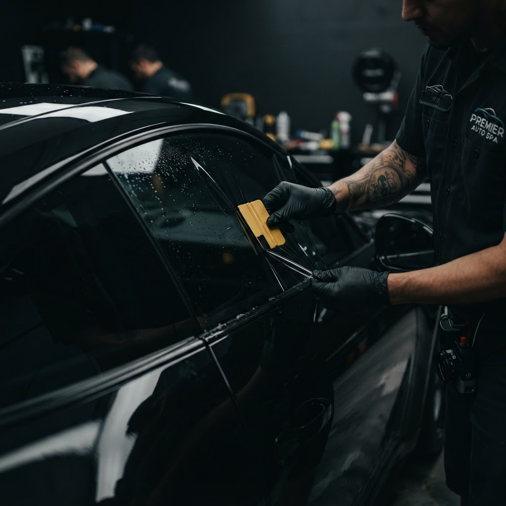 Black luxury car having window tint applied