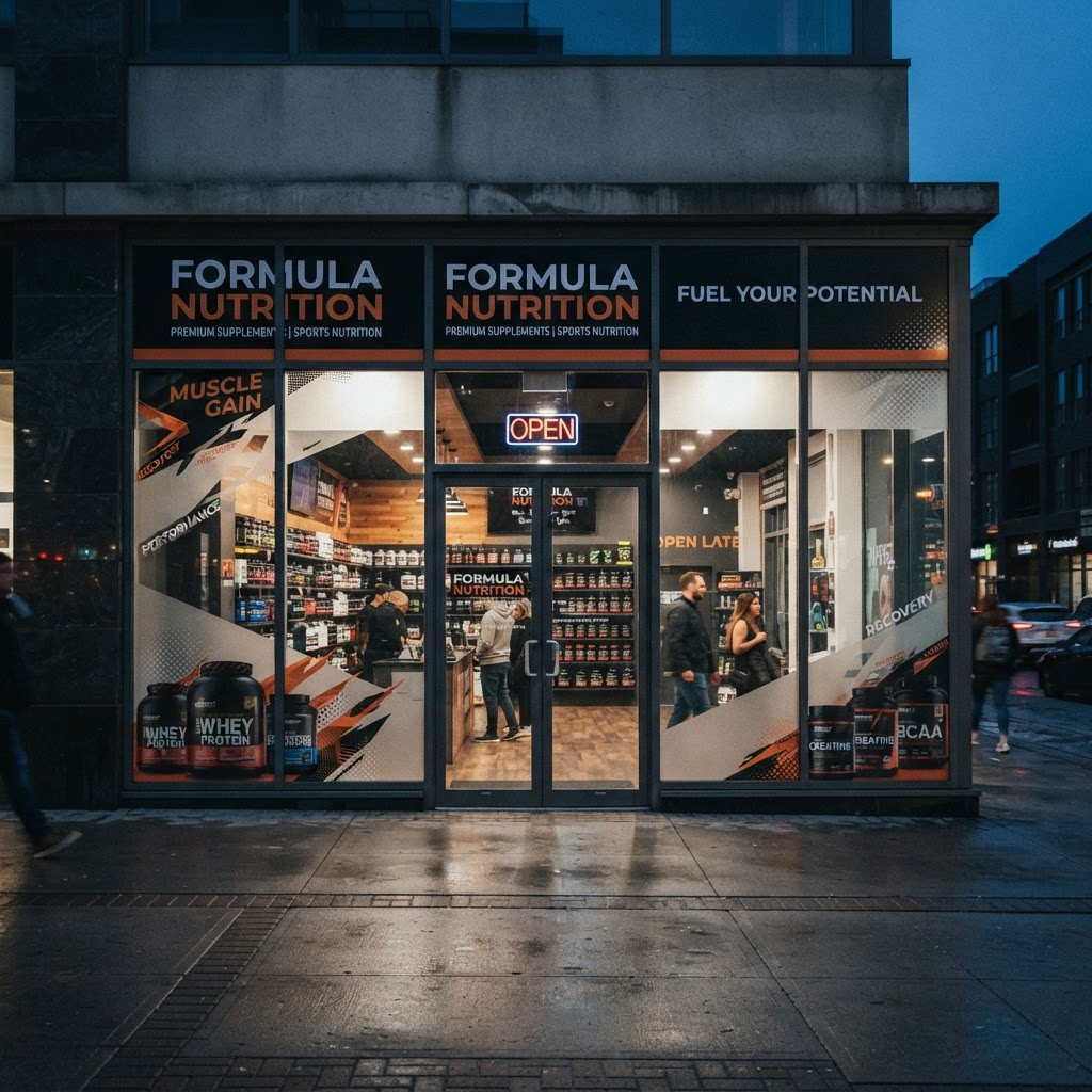 Supplement store shopfront with branded window graphics